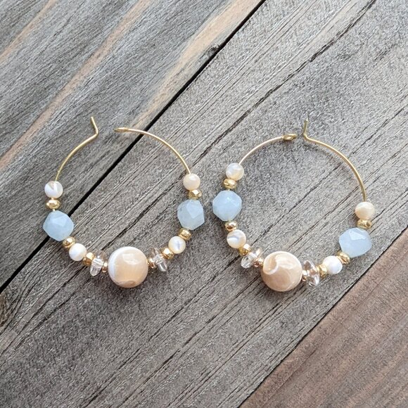 Gold, Aquamarine and Shell Artisan Hoop Earrings - Picture 3 of 9